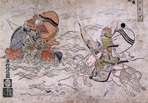 一の谷の戦いでの、敵対する2人の侍の戦い。奥村政信による紙本著色、1720年頃。 作： Okumura Masanobu
