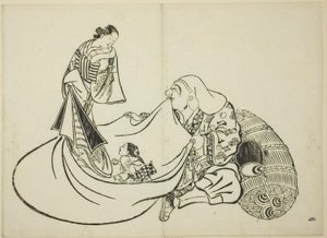布袋のバッグの中身を見せる大黒。 作： Okumura Masanobu