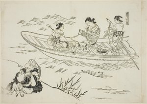 江口と恋の釣舟」、No.4（戯曲のパロディを描いた12枚の版画シリーズより 作： Okumura Masanobu