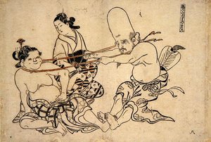 女中を持ち上げようとする福ロウジン（木版画 作： Okumura Masanobu