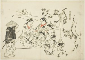 戯曲のパロディを描いた12枚の版画シリーズから、「燗酒紅葉狩」第9号。 作： Okumura Masanobu