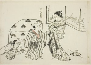こたつ道成寺 No. 戯曲のパロディを描いた12枚の版画シリーズから5枚 作： Okumura Masanobu