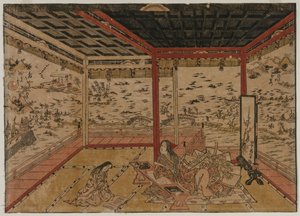 1740年代、琵琶湖の7つの景色を望むパノラマを一望する石山の紫婦人。 作： Okumura Masanobu