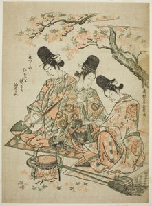 『平家物語』の宮廷奉行者がもみじを燃やして酒を炙るパロディ 作： Okumura Masanobu