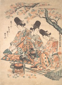 もみじの火で酒を熱する宮廷使用人のパロディ 1750年頃。 1750年。 作： Okumura Masanobu