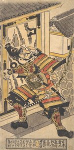 朝日な三郎役の俳優坂東彦三郎は、城を破るドゥー...、ca. 1730年。 作： Okumura Masanobu