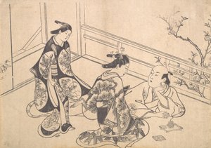 カリフォルニア州バルコニーにリクライニングしている俳優のcichimuraが 1715.、ca。 1715。 作： Okumura Masanobu