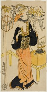 1719年4月、中村座で上演された芝居『曽我崎心中』で、初代佐野川萬菊がお初を演じた。 作： Okumura Masanobu