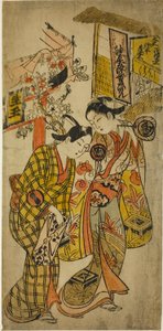 The Actors Sanjo Kantaro II as Osome and Ichikawa Monnosuke as Hisamatsu in the play "Osome Hisamatsu Tamoto no Shiro Shibori," performed at the Morita theater, 1720 作： Okumura Masanobu
