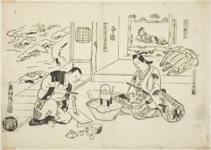 尺八はちのき No. 戯曲のパロディを描いた12枚の版画のうちの12枚 作： Okumura Masanobu