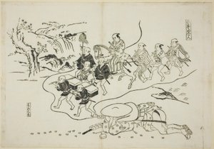 自分が大名であることを夢見る運び屋かんたん（飛脚かんたん：夢の大名） 戯曲のパロディを描いた12枚の版画のうちの8枚