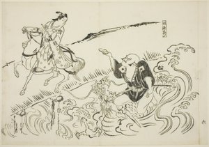 戯曲のパロディを描いた12枚の版画シリーズから「召使い長陵」、第6番。 作： Okumura Masanobu