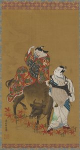 水牛に乗った花魁と旅の僧侶の役を演じる 2 人の歌舞伎役者、1686 年～1764 年。 作： Okumura Masanobu