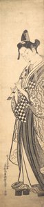高下駄を左に向かって歩き、笛を吹いて歩く青年 ...、約。 1745年。 作： Okumura Masanobu