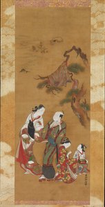 18世紀の須磨での幸平と二人のブラインメイデン。 作： Okumura Masanobu