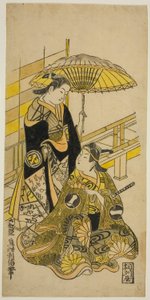 The Actors Ichikawa Monnosuke I as Kusunoki Masatsura and Arashi Wakano as Oyuki in the play "Honen Taiheiki," performed at the Nakamura Theater in the eleventh month, 1723 作： Okumura Toshinobu