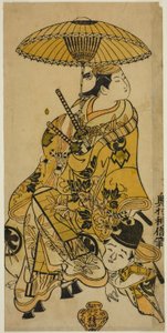 The Actors Nakamura Takesaburo as Shikishi Naishinno and Tsuruya Nanboku as Gengoro in the play "Tategami Teika Kazura," performed at the Ichimura Theater in the eleventh month, 1719 作： Okumura Toshinobu