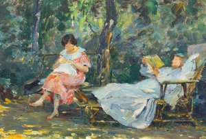 Ler e tricotar no jardim (óleo sobre painel) 作： Olga (1881 1941) Slomszynska