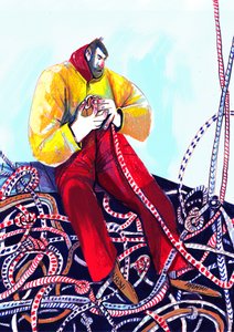 ロープをほどくのに集中している水兵 作： 