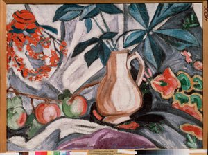 花瓶とリンゴのある静物 - 水差しとリンゴのある静物 - Olga Vladimirovna Rozanova (1886-1918) による絵画、キャンバスに油彩 - ロシア美術、19 世紀後半から 20 世紀初頭、前衛 - 国立ロシア美術館、サンクトペテルブルク 作： Olga Wladimirowna  Rosanowa