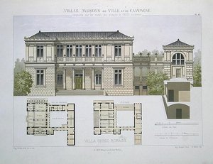 パリで出版された「Villas, Maisons de Ville et de Campagne」のプレート49にウォルターが彫った「Villa Greco Romaine」（カラーリトグラフ） 作： Olive (after)