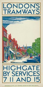 「Highgate by Services 7、11、15」、ロンドン カウンティ カウンシル LCC トラムウェイのポスター、1924 年
