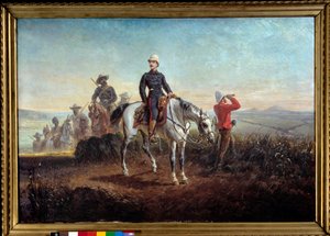 南アフリカの植民地キャンペーン：「ズールーランドの皇太子ユージーン・ルイ・ナポレオン・ボナパルト（1856-1879）」オリヴィエ・ピシャ（1825-1912）の絵画、87×128cm。19世紀Compiegne musee du chateau - 南アフリカでの植民地キャンペーン：「皇太子I 作： Olivier Pichat