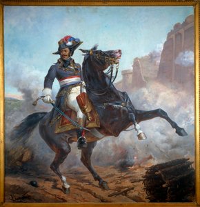 アレクサンドル・デュマの父、アレクサンドル・ダヴィ・デュマ将軍（1762-1806）の騎馬像。オリヴィエ・ピシャ（1825-1912年頃）による絵画 作： Olivier Pichat