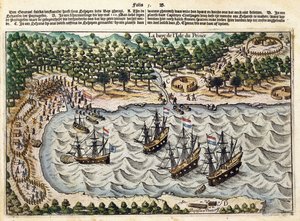 港のオランダ船の眺め、c.1598-1602 作： Olivier van Noort