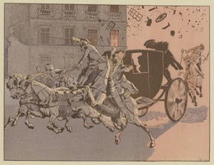 ナポレオンは、1800年12月24日、パリのサンニケーズ通りにある爆弾、機械の地下室の爆発から奇跡的な逃避を遂げました。 作： Onfray de Breville Job