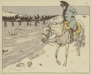 ナポレオンは、1812年のモスクワからの撤退で彼のグランドアルミーの残骸がベレジナ川を横切るのを見ている 作： Onfray de Breville Job