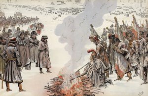 1812年11月23日、基準を燃やすナポレオンロシアのキャンペーン。 作： Onfray de Breville Job
