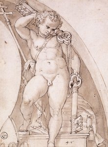 教皇の鍵を握る立っているプット：ルネットのための研究、c.1575 作： Orazio Samacchini