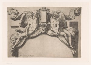 カルトゥーシュを持ち上げる 2 つの精霊のドア枠のデザイン 作： Orazio de Santis (attributed to)