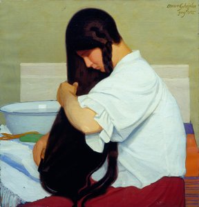 白いシャツ、髪をとかす女性 作： Oscar Ghiglia