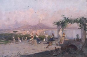 ナポリ湾とその手前で踊る人々 作： Oscar Ricciardi