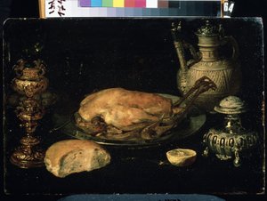 「チキン、レモン、パン、銀器、オイルランプの静物画」（静物画） Osias Beert the Elder (1580-1624) 作 17世紀 ミハイル・クロシツキー美術館、セヴァストポリ (セヴァストポリ) ウクライナ 作： Osias the Elder Beert
