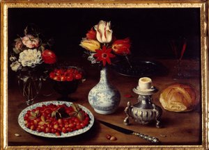 花瓶のある静物画 チューリップやカーネーションの花束とさくらんぼ、野いちご、ゆで卵（エッグカップ）、パン。オシアス・ベアート1世 ou l