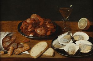 カキ、焼き菓子、レモン、ワイングラスのある静物 作： Osias the Elder Beert