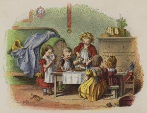 お茶を飲んで遊んでいる少女たちのグループ（カラーリトグラフ 作： Oskar Pletsch