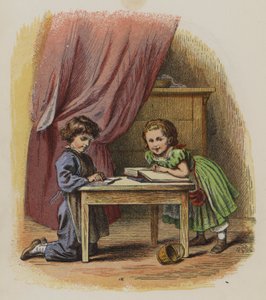 本を読む2人の子供（カラーリトグラフ 作： Oskar Pletsch