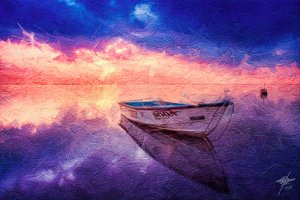 穏やかな夕日の水面に映るボート 作： 