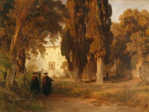 修道院の庭。 1857年以降 作： Oswald Achenbach