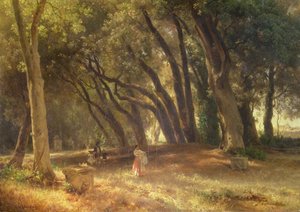 ボルゲーゼ公園の庭（帆布に油彩） 作： Oswald Achenbach
