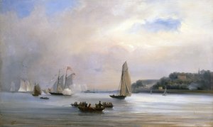 1851 年 8 月 22 日、ワイト島を巡る英米ヨットレース (キャンバスに油彩) 作： Oswald Walters Brierly