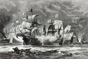 ウィリアムウィンター卿の下で、1888年の「レジャーアワー」からスペイン軍艦隊と交戦するヴァンガード