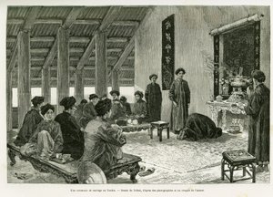 トンキンでの結婚式の様子。エドワード・シャルトン（1807-1890）の指揮の下、ポール・オカール博士が1884年に発表した「Tente mois au Tonkin」の物語を説明するために、トファーニが描いた版画。