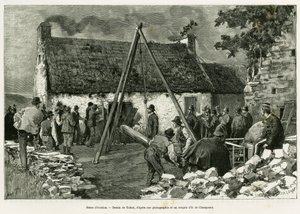 立ち退きの場面。1889年にマリー・アンヌ・ドゥ・ボヴェが描いた「Trois mois en Irlande」の挿絵を、トファーニが描いたもの。 作： Oswaldo Tofani