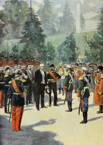 1897年、ペテルホフでニコライ2世に歓迎されるフェリックス・フォール（エングレーヴィング）