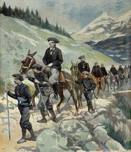 1897年、アルプスを旅したフェリックス・フォールとアルプスの猟師たち（エングレーヴィング）